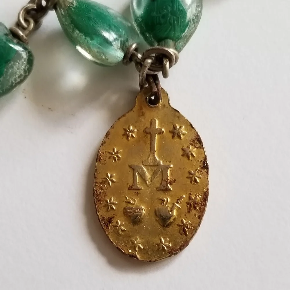 Vintage Saint Jude rosary bubble bead catholic lucite green silver gold tone